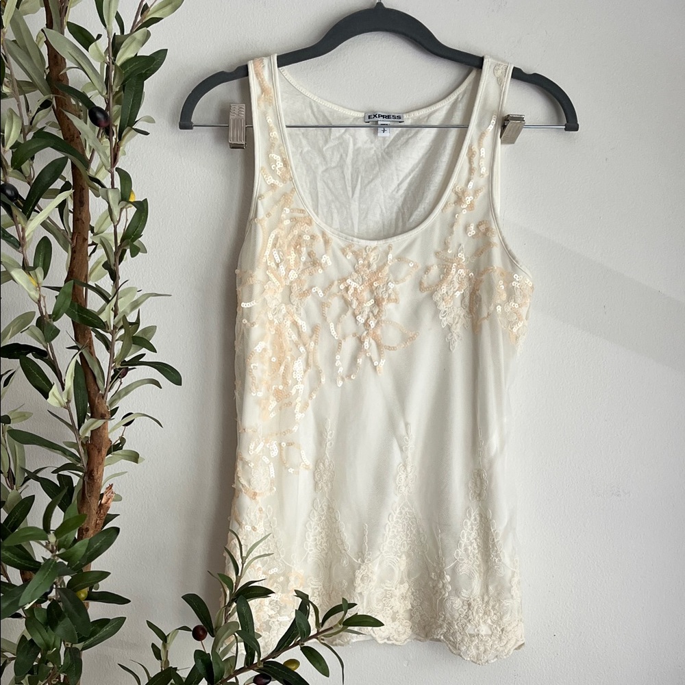 Express Cream Floral Lace Tank Top with embroidery and sequence detail Bin I